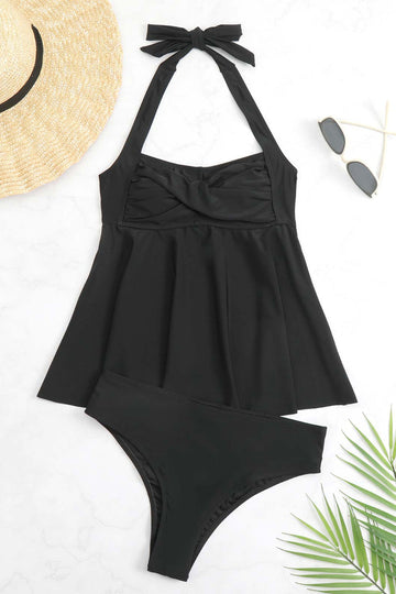 Black Halter Two Piece Front Cross Swimwear